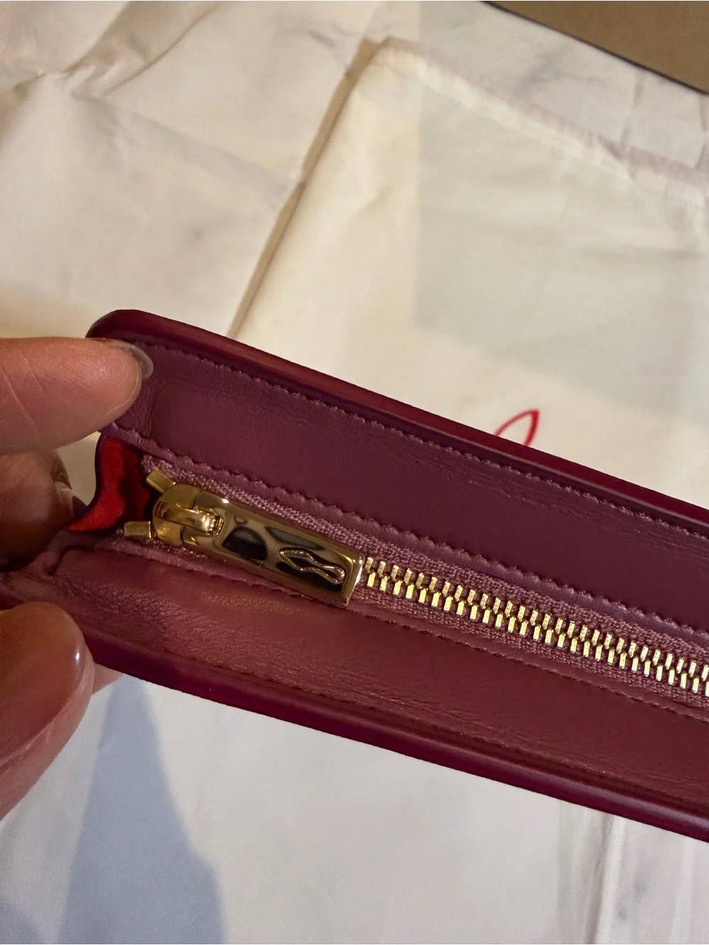 Christian Louboutin Dark Pink Leather Wristlet Clutch with Signature Shoe, NWT